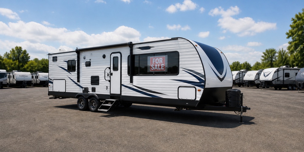 Travel trailer with a For Sale sign mounted inside its window