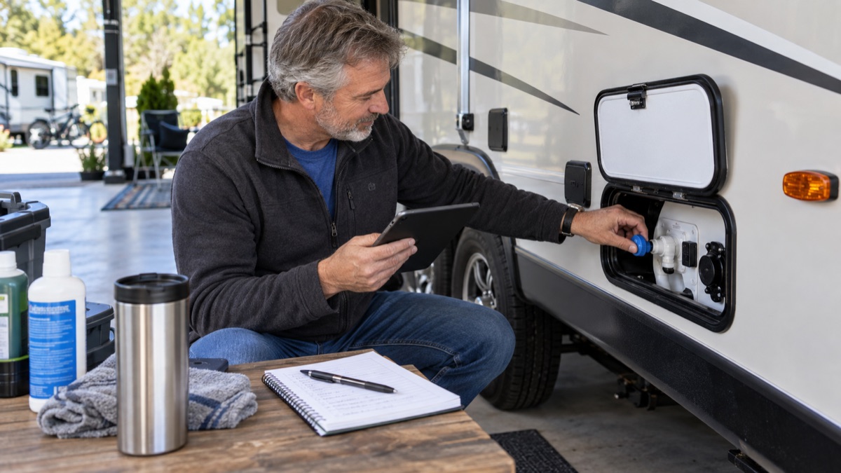 RV owner using a tablet while checking an exterior service connection