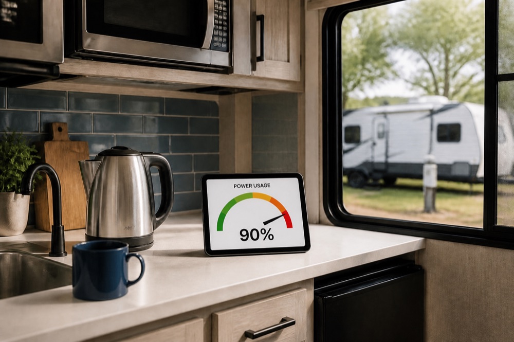 Tablet in an RV kitchen showing a power gauge near maximum capacity