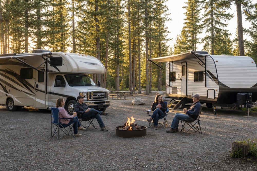 Class C motorhome and travel trailer with people around a campfire between them