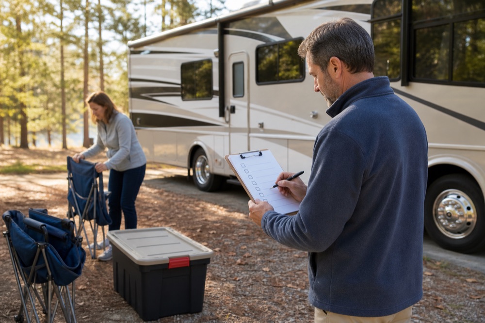 Camper following a checklist while packing up a campsite