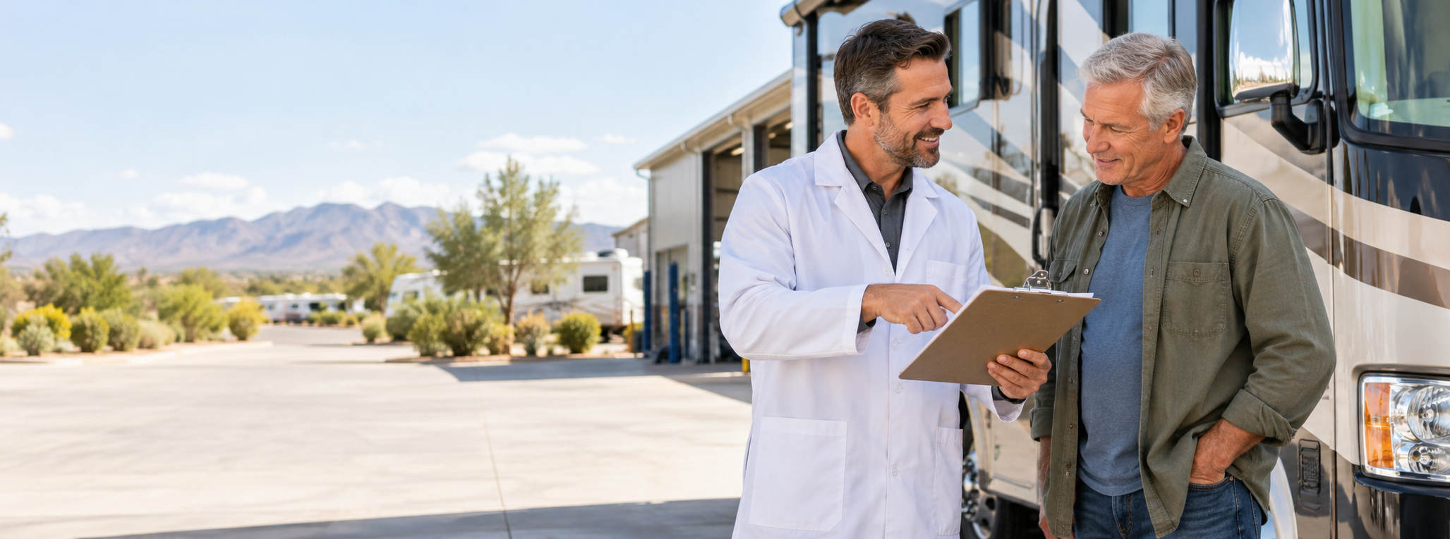 RV technician in a white lab coat using a clipboard while advising an RV owner